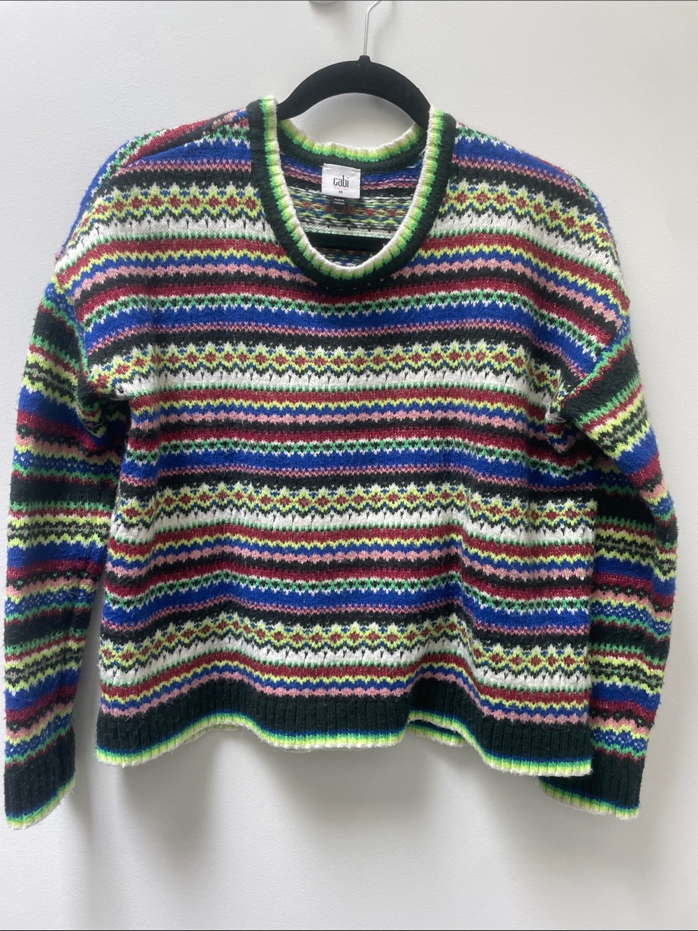 CAbi Moorland Multi-Stripe Fair Isle Crewneck Sweater Size Medium